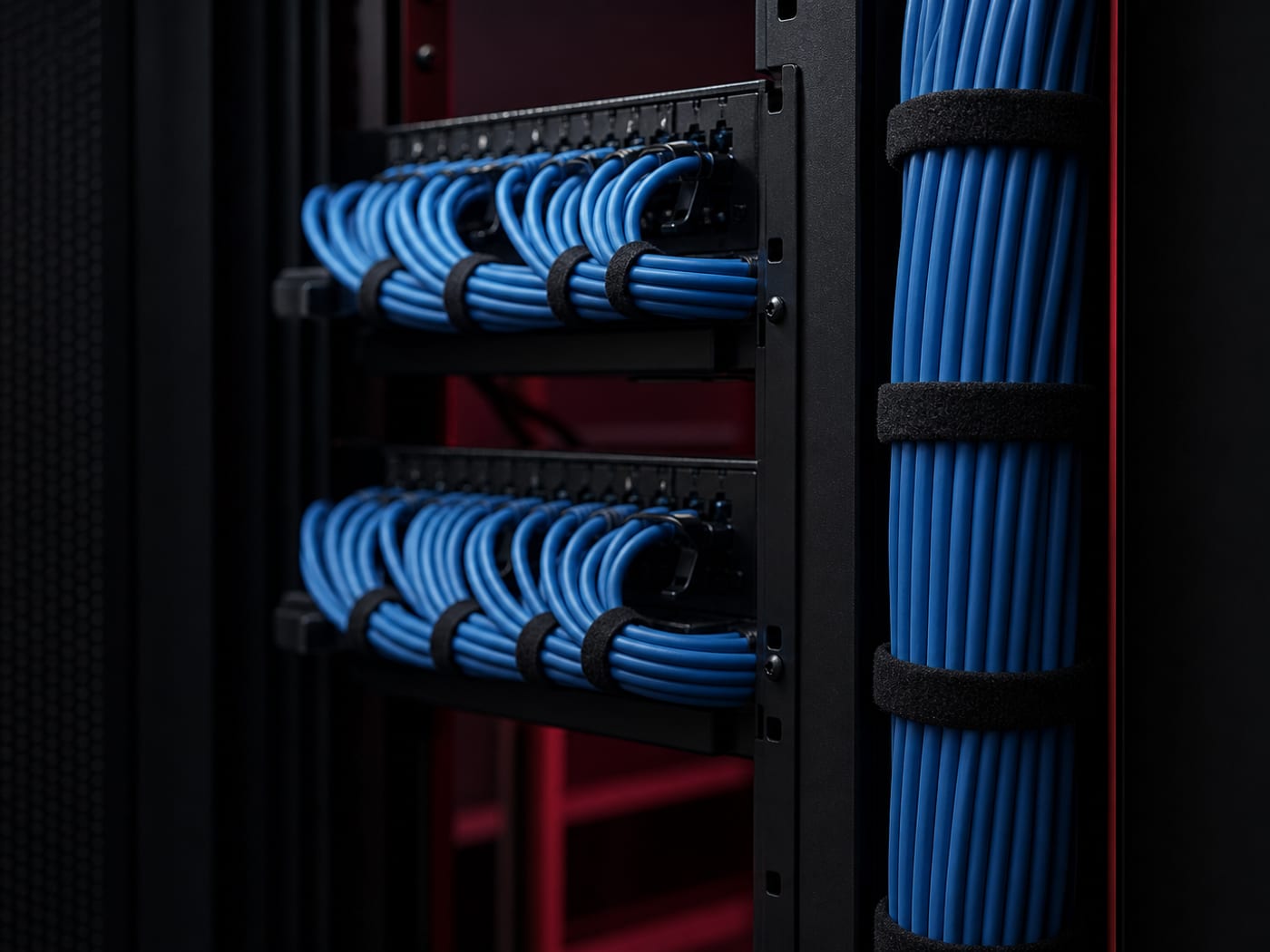 Neat blue Cat6 bundles dressed along a commercial rack rail