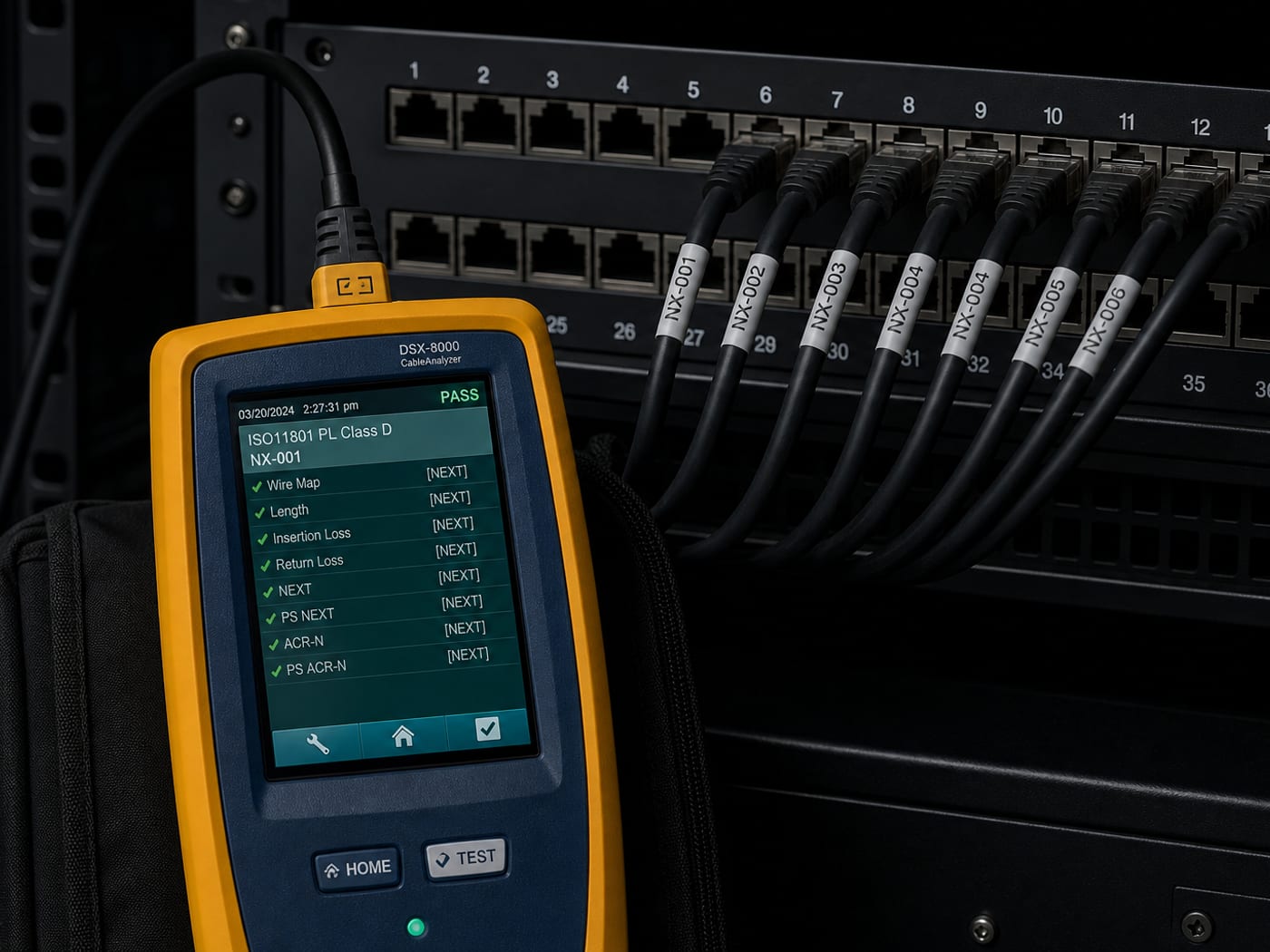 Network certification tester connected to labelled patch panels